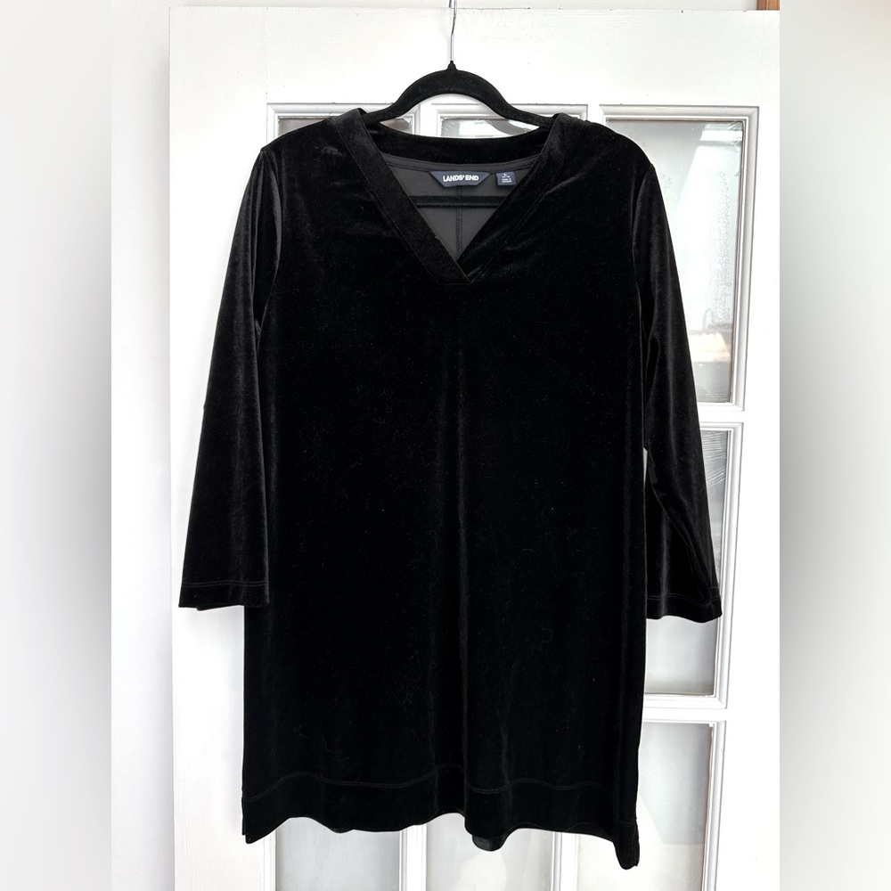 Lands’ End Black Velvet Elegant Formal Tunic Blouse Top Gothic Size Large 14 16